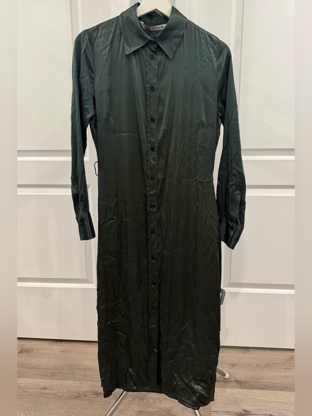 Zara Forest Emerald Green Satin Midi Shirt Dress Belted Dark Academia Cocktail S